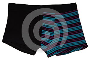 Two mens panties boxers isolated on white background. Mens underwear. A pair of short boxer briefs isolated on white backgroun