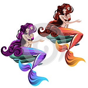 Two mermaids with long hair, purple and red photo
