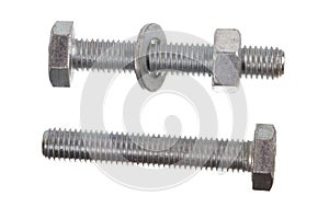 Two metal bolts with nut and shim