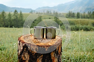 Two metal mugs on a wooden stump.