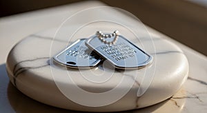 Two metallic dog tags rest on