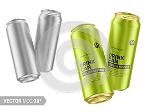 Two metallic drink cans mockup. Vector illustration.