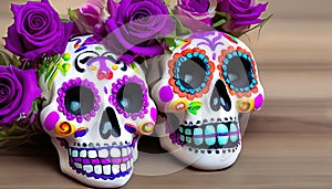 Two Mexican catrinas close up decorated with flowers. Sugar skull make-up for the day of the dead. Halloween. Generative AI