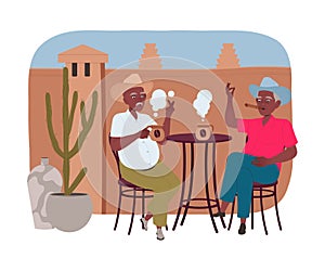 Two Mexican Man in Hat Drinking Hot Aromatic Coffee Beverage Sitting at Table Vector Illustration