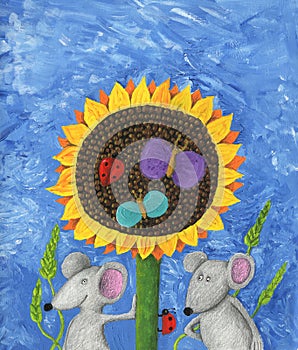 Two mice and sunflower