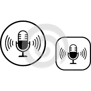 Two microphone icons with sound waves in circular and square frames isolated on transparent background
