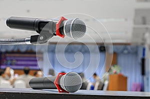 Two microphone on stand Close up in conference room