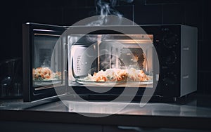 Two microwaves with food cooking inside of them. AI generative image.