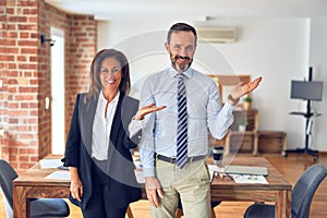 Two middle age business workers standing working together in a meeting at the office smiling cheerful presenting and pointing with