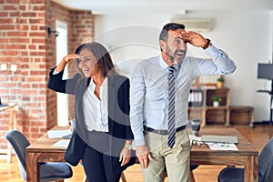 Two middle age business workers standing working together in a meeting at the office very happy and smiling looking far away with