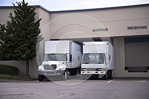 Two middle class semi trucks with box trailers stand in dock on