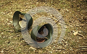 Two military helmets are lying on the ground in the forest.End of war
