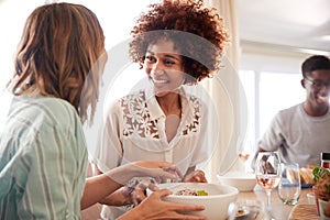 Two millennial girlfriends talking at the table during lunch with friends, close up