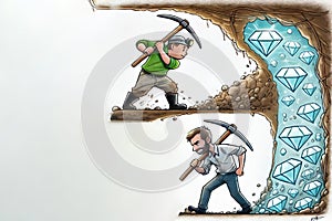Two miners digging near diamonds, one surrendered. Space for text. photo