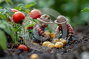 Two miniature farmer are working in a garden, picking up potatos