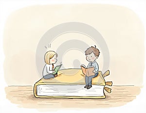 Two miniature kids sitting on an oversized book, homework, each holding and reading their own book, engaging in study, imagination photo