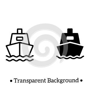Minimalist icon, ship, black and white, outline and silhouette, transparent background