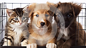 two mixed breed puppies and tabby kitten sitting in cage in shelter pet adoption concept generative AI