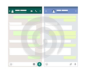 Two mobile messenger mockups. Chat app template. Modern design. Vector illustration.