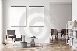 Two Mock up empty posters on the wall. Modern living room interior. Wooden floor and stylish furniture. Concept of contemporary