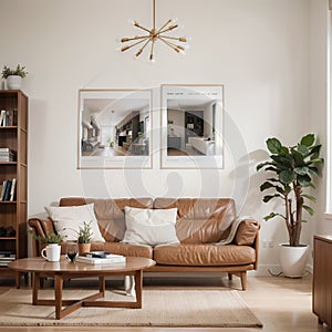 Two mock up posters frame on wall in modern interior background, living room. Books on cabinet. Scandinavian style. ing.