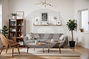 Two mock up posters frame on wall in modern interior background, living room. Books on cabinet. Scandinavian style. ing.