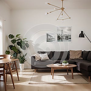 Two mock up posters frame on wall in modern interior background, living room. Books on cabinet. Scandinavian style. ing.