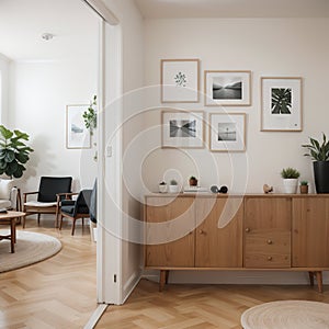 Two mock up posters frame on wall in modern interior background, living room. Books on cabinet. Scandinavian style. ing.