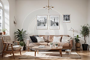 Two mock up posters frame on wall in modern interior background, living room. Books on cabinet. Scandinavian style. ing.