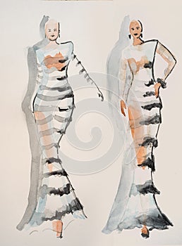 Two models on the podium in striped dresses, hand drawn watercolor