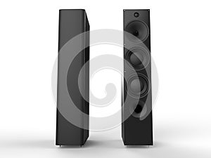Two modern black speakers - front and back view