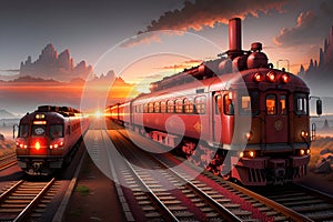 The Two Modern Classic Trains Continuing their Journey on Rails, Bathed in the Resonant Crimson Glow of the Sunset. AI generated