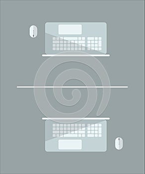 two modern laptops with white mouses opposite to each other splitted with glassy partition-wall