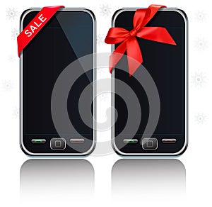 Two modern touch-screen mobile phones with ribbon