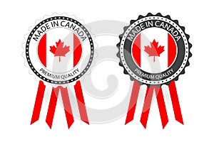 Two modern vector Made in Canada labels isolated on white background, simple stickers in Canadian colors, premium quality stamps