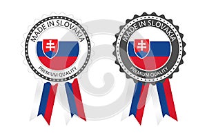 Two modern vector Made in Slovakia labels isolated on white background, simple stickers in Slovak colors