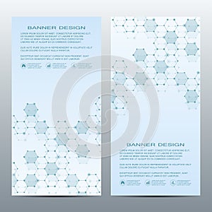 Two of modern vertical scientific banners. Molecular structure of DNA and neurons. Geometric abstract background