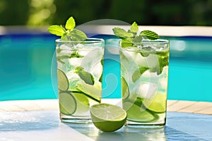 two mojito cocktails on a poolside table