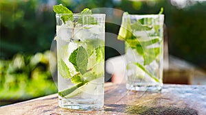 Two mojito cocktails on wooden table top