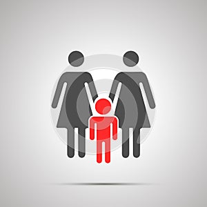 Two moms with child silhouette, simple black icon with shadow on gray