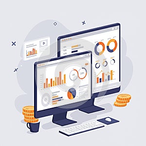 Two monitors display various data visualizations, including bar charts, pie charts, and