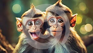 two monkey babies smiling. cute animal portrait .ai generated