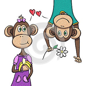 Two monkeys - boy and girl. Hand drawn design.