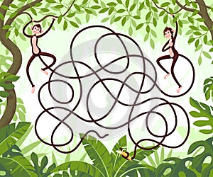 Two monkeys with long tails hang from vines in the jungle. Guess which monkey grabbed a banana with its tail?
