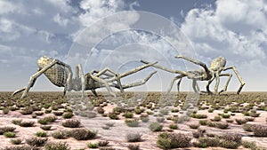 Two monstrous spiders in a landscape