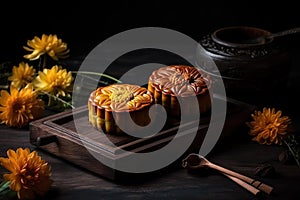 two moon cakes sitting on a wooden tray next to yellow flowers and a vase of daisies on a dark background with a spoon and a