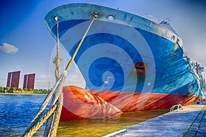 Two Mooring Ropes From Foredeck of Sea Tanker Moored at Pier