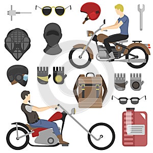 Two motorcyclist with accessories set. helmets, backpack and motor oil. tools, sunglasses, mask and gloves.