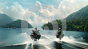 Two motorcyclists are riding on the water near mountains, creating an exhilarating and unconventional sight, A squad of jet-skies