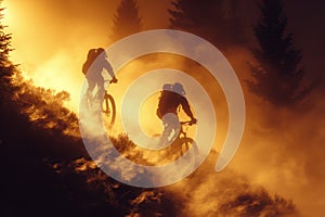 Two mountain bike riders at a mountain bike cross-country competition in the mountains
